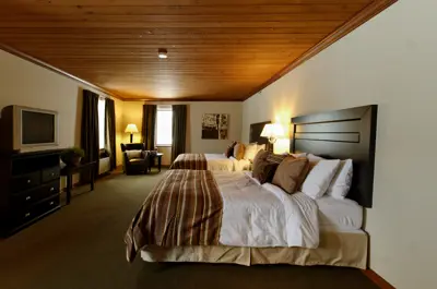 A cozy hotel room with two beds featuring brown and beige bedding, a wooden ceiling, a TV on a dresser, a chair with a lamp, and large windows with curtains.