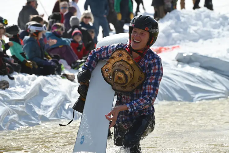 snowboarder coming out of the slush bowl at the Dryden Ski Hill